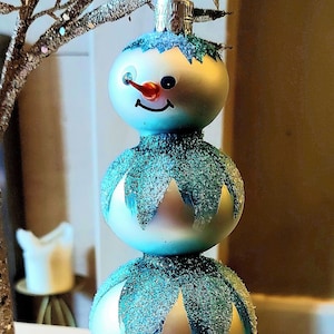 Vintage Czech Republic, Glass Blown, Hand Painted Christmas Tree Ornament - 3 Tier Snowman