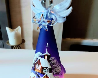 Decorazione natalizia a forma di angelo in vetro ceco: portacandele dipinto a mano a forma di villaggio invernale (blu)