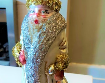 Repubblica Ceca, vetro soffiato, decorazione per albero di Natale dipinta a mano - Babbo Natale grande argento/oro