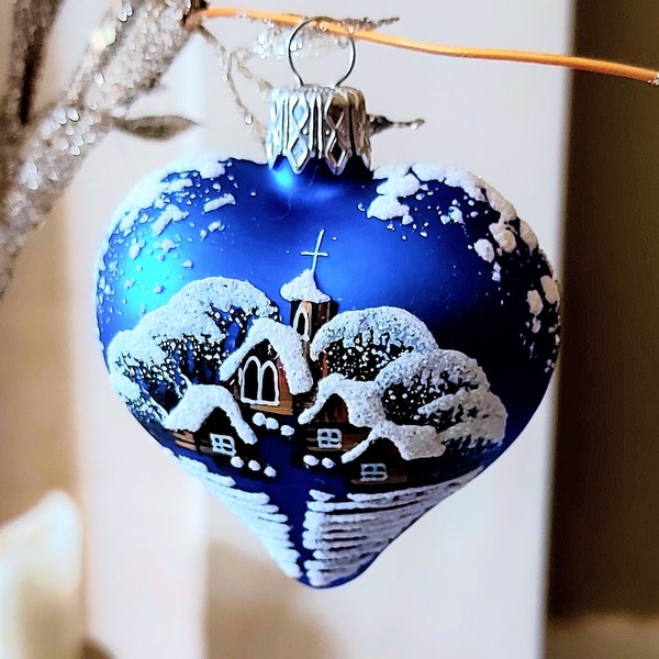 Vintage Czech Republic, Glass Blown, Hand Painted Christmas Tree Ornament decoration - Blue Heart with hand detailed house motif