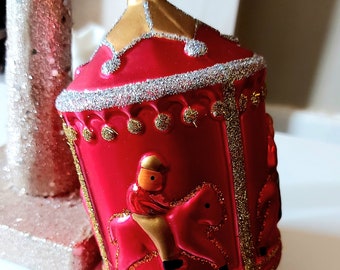 Czech Republic, Glass Blown, Hand Painted Christmas Tree Ornament - Large Carousel Red