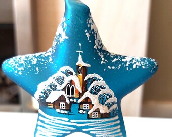 Decorazione natalizia in vetro ceco: stella blu dipinta a mano, motivo casa