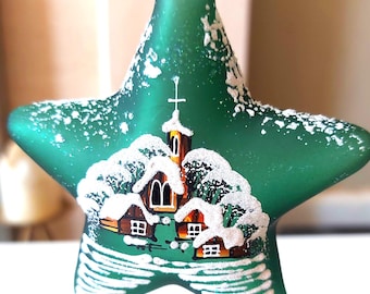 Decorazione natalizia in vetro ceco: stella verde dipinta a mano, motivo casa