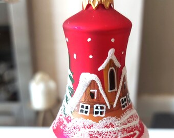 Campana di Natale vintage in vetro ceco: motivo di casa dipinto a mano