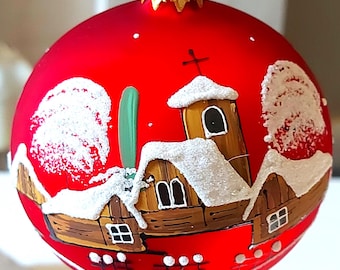 Decorazione natalizia in vetro ceco: grande palla rossa dipinta a mano