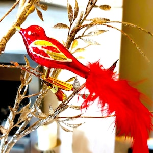 vintage République tchèque, décoration de sapin de Noël peinte à la main en verre soufflé - petit oiseau avec clip