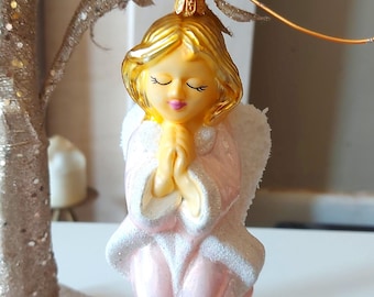 Repubblica Ceca, vetro soffiato, decorazione per albero di Natale dipinta a mano - Angelo rosa