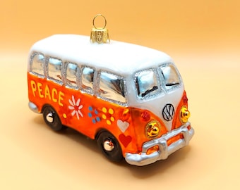 Repubblica Ceca, decorazione per albero di Natale in vetro soffiato e dipinto a mano - Autobus hippy arancione