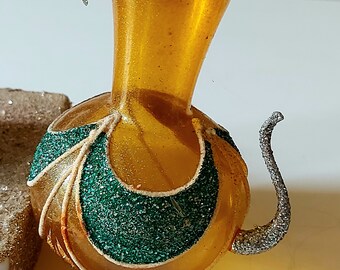 Repubblica Ceca, vetro soffiato, decorazione per albero di Natale dipinta a mano - Lampada Genie oro/verde