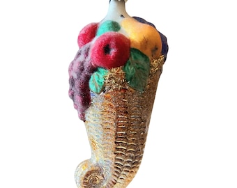 Repubblica Ceca, vetro soffiato, decorazione per albero di Natale dipinta a mano - grande cono di frutta dorato