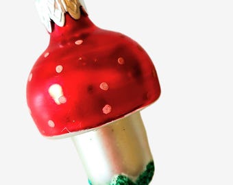 Czech Republic, Glass Blown, Hand Painted Christmas Tree Ornament - Mushroom a pair ( x 2 )