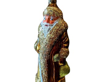 Repubblica Ceca, vetro soffiato, decorazione per albero di Natale dipinta a mano - Grande Babbo Natale dorato