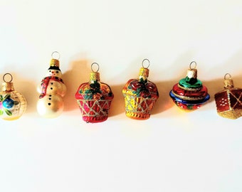 Vintage Czech Republic, Glass Blown, Hand Painted Christmas Tree Small Ornaments - Individual Pieces 2 Minimum