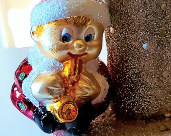 Repubblica Ceca, vetro soffiato, decorazione per albero di Natale dipinta a mano - Gnomo musicista