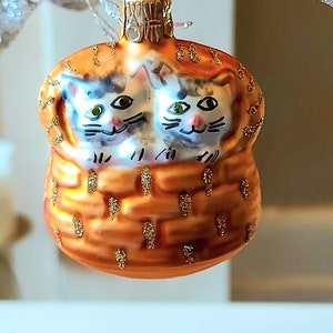 Vintage Czech Glass Christmas Ornament: Hand-Painted Cats in Basket (Pair)