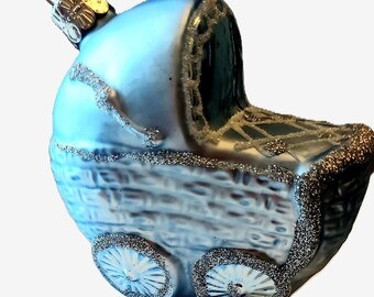 Czech Republic, Glass Blown, Hand Painted Christmas Tree Ornament - Blue Pram