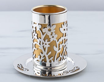 Sterling Silver Kiddush cup, Cut-out floral motif, Colorful background, Original Bier design, Shabbat wine glass, Jewish wedding gift