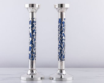 Sterling Silver Candlesticks, Unique hand cut-out floral design, Colored background, Contemporary Judaica decor, Wedding gift Made in Israel