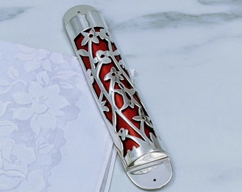 Silver Mezuzah case, Hand cutout floral design, Red Mezuzah, Housewarming Gift, Modern Mezuzah, Doorpost protectin, Religious Gifts, Kosher