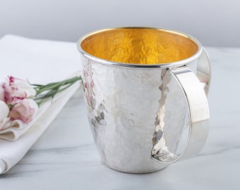 Sterling Silver Netilat Yadayim Washing Cup: Hammered Design, Gold Interior