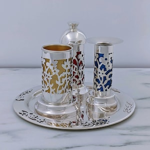 Havdala set, Silver Judaica Set, Silver floral design Havdalah tableware, Shabbat Set, Kiddush Cup, Havdallah candle Holder, Four pieces