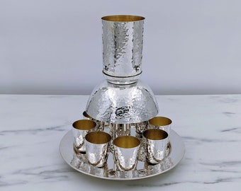 Silver Shabbat wine Fountain, Large Kiddush cup & 8 cups, Hosting Kiddush set, Hammered design, Made in Jerusalem, Shabbat table décor gift