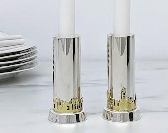 Silver Candlesticks, Shabbat Candle Holder, Judaica Gifts, Candle Centerpiece, Jerusalem of Gold Gift, Israeli Art, Jewish Wedding Gift