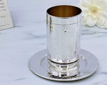 Sterling Silver Kiddush cup, Cylinder cup, Kiddish cup, Shabbat ceremonial cup, Silver cup & coaster, Silver saucer,  Judaica center piece