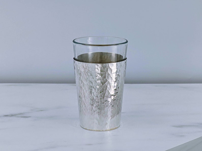 Silver Kiddush Cup, Elegant Shabbat Cup, Hammered Finish, Glass Insert