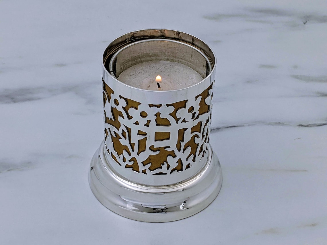 Yizkor Candle, Memorial Candle Holder, Hebrew Lettering, Silver