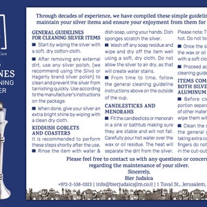 May include: A guide to cleaning and maintaining silver items, including candlesticks, menorahs, Kiddush goblets, and coasters. The guide includes instructions on how to clean silver with a soft cloth, polish, and rinse with water. It also includes instructions on how to clean items composed of both silver and aluminum.