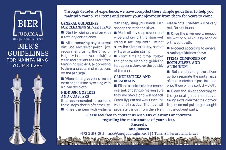 May include: A guide to cleaning and maintaining silver items, including candlesticks, menorahs, Kiddush goblets, and coasters. The guide includes instructions on how to clean silver with a soft cloth, polish, and rinse with water. It also includes instructions on how to clean items composed of both silver and aluminum.