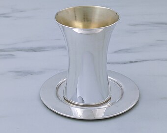 Sterling Silver Sleek Kiddush Cup and plate, Concave cup, Original Design by Bier, Contemporary Shabbat Judaica, Jewish Art, Made in Israel