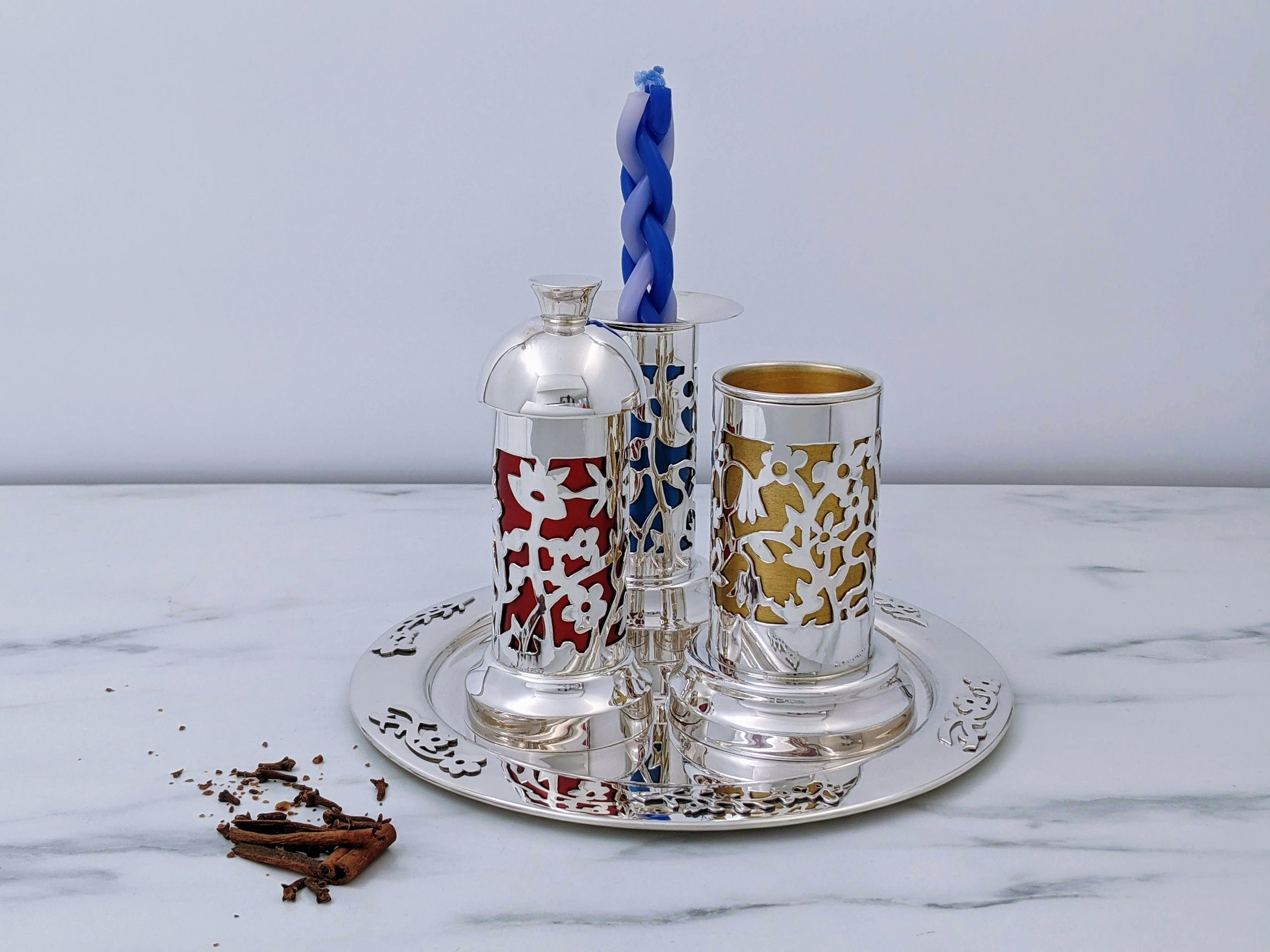 Havdala Set, Silver Judaica Set, Silver Floral Design Havdalah