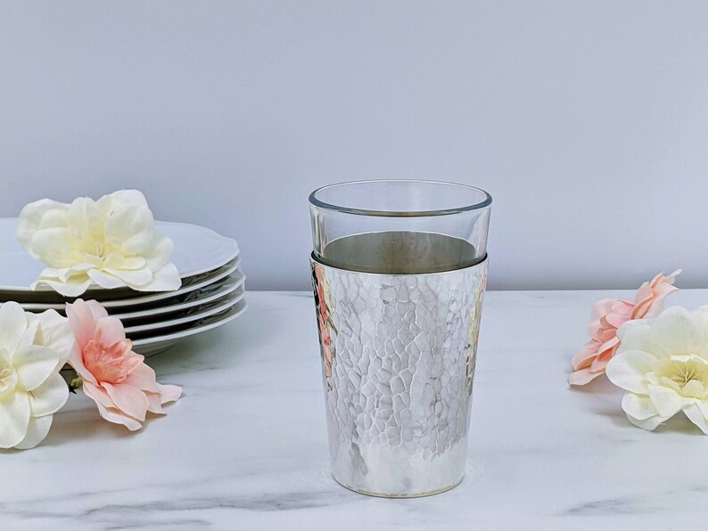 Silver Kiddush Cup, Elegant Shabbat Cup, Hammered Finish, Glass Insert
