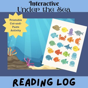 Może przedstawiać: Dziennik czytania "Interactive Under the Sea" z niebieskim tłem. Obraz zawiera drukowaną aktywność do wycinania i wklejania z kolorowymi kreskówkowymi stworzeniami morskimi. Tekst "Reading Log" znajduje się na dole.