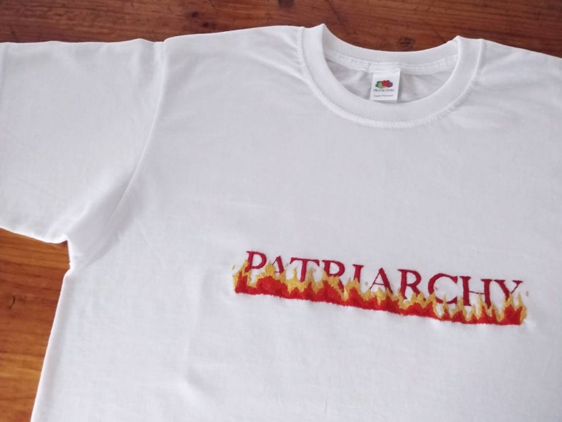 Patriarchy in fire hand embroidered unisex t-shirt burn the patriarchy, feminist, feminism, embroidery image 1