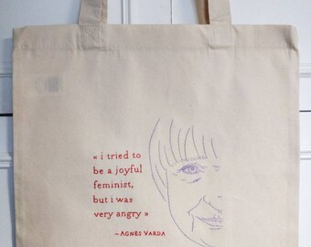 Agnès Varda hand embroidered tote bag - feminist, feminism, embroidery, The Beaches of Agnès, feminist quote, french cinema