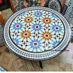 Table marocaine en mosaïque - Meubles d&#39;extérieur ronds - Table basse faite main pour décoration de jardin - Table en mosaïque pour espaces de vie bohèmes