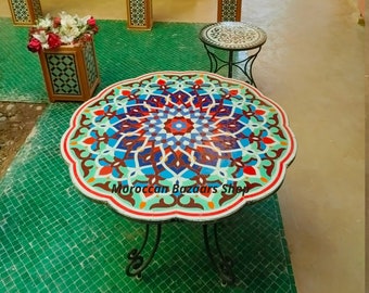 Mesa de comedor marroquí Zellige hecha a mano, mesa de patio con mosaico, muebles de jardín para interiores y exteriores.