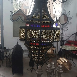 Moroccan chandelier, Moroccan Pendant light with Colored Glass, Moroccan large lamp, Ceiling lamp, light fixtutre, Moroccan lighting.