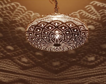 Moroccan Brass Pendant Light: Handmade Ceiling Lamp, 21"