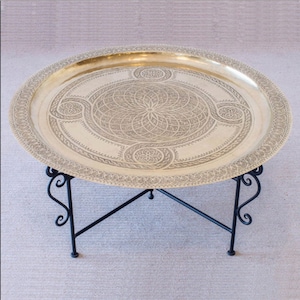Moroccan end table with serving tray, round end table, wrought iron side table, antique furniture, brass serving tray, housewarming gift.