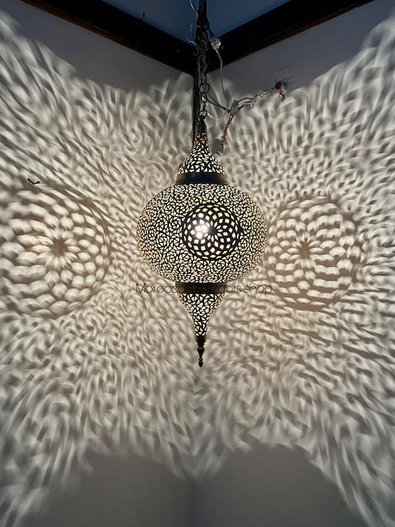Handmade Moroccan Brass Lantern, Etched Ceiling Pendant, Artisan Lighting