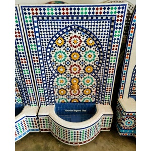 Transform Your Garden: Moroccan Water Fountain with Mosaic Charm - Moroccan fountain, garden and indoor tile fountain, wall water fountain.