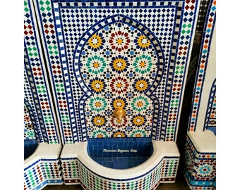 Transform Your Garden: Moroccan Water Fountain with Mosaic Charm - Moroccan fountain, garden and indoor tile fountain, wall water fountain.