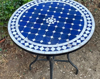 Blue Moroccan Zellige Table Top, Handmade Mosaic Tile Top, Round Patio Table Top .