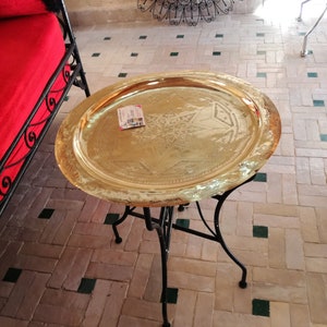 Moroccan end table with serving tray, round end table, wrought iron side table, antique furniture, brass serving tray, housewarming gift.