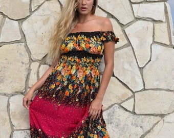 Maxi Dress Black Off the Shoulders with Floral Print.  Vibrant and Fun