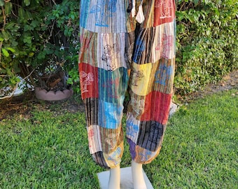 Hippie Patchwork Pants with Mushroom Stamps